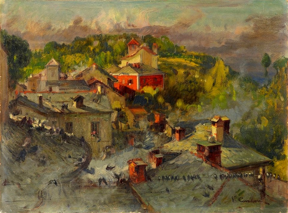 Vittorio Cavalleri Blick über Dächer auf südliche Berglandschaft