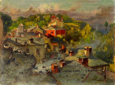 Vittorio Cavalleri Blick über Dächer auf südliche Berglandschaft