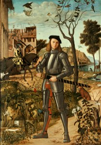 Vittore Carpaccio - Giovane cavaliere in un paesaggio. Free illustration for personal and commercial use.