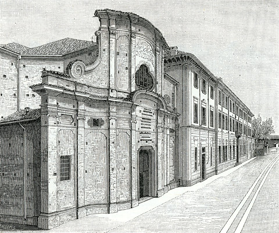 Voghera antica chiesa dei Gesuiti e collegio-convitto nazionale xilografia di Barberis