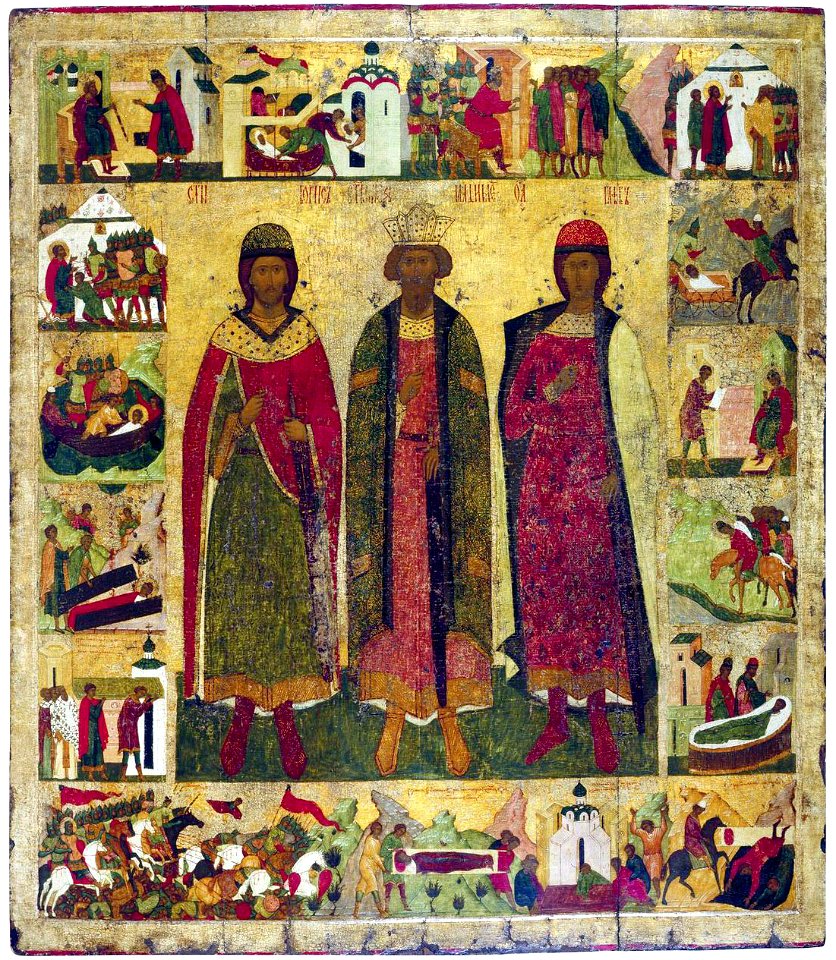 Vladimir, Boris and Gleb with vita (16th c, Tretyakov gallery)