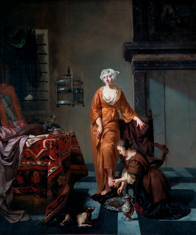 A Lady with a servant washing her feet, by Johannes Voorhout