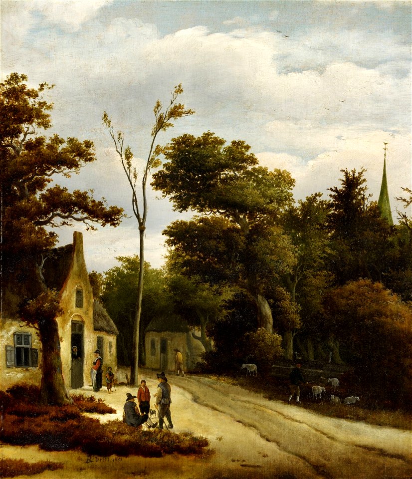 Roelof Jansz. van Vries - Een bosrijk landschap met dorpsbewoners in gesprek met een track