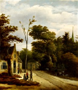 Roelof Jansz. van Vries - Een bosrijk landschap met dorpsbewoners in gesprek met een track