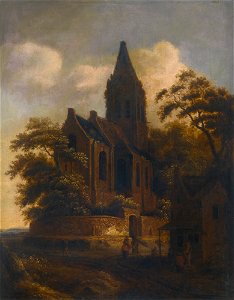 Roelof Jansz. van Vries - Travellers on a road resting beside a walled church