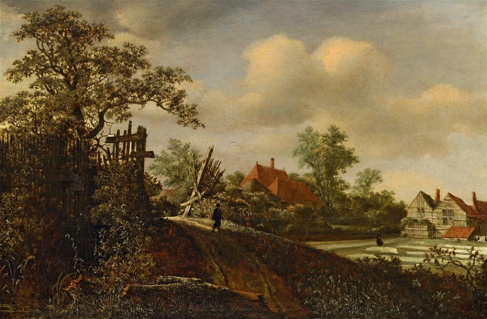 Roelof Jansz. van Vries - Een landschap met een figuur op een pad en een bleekveld buiten