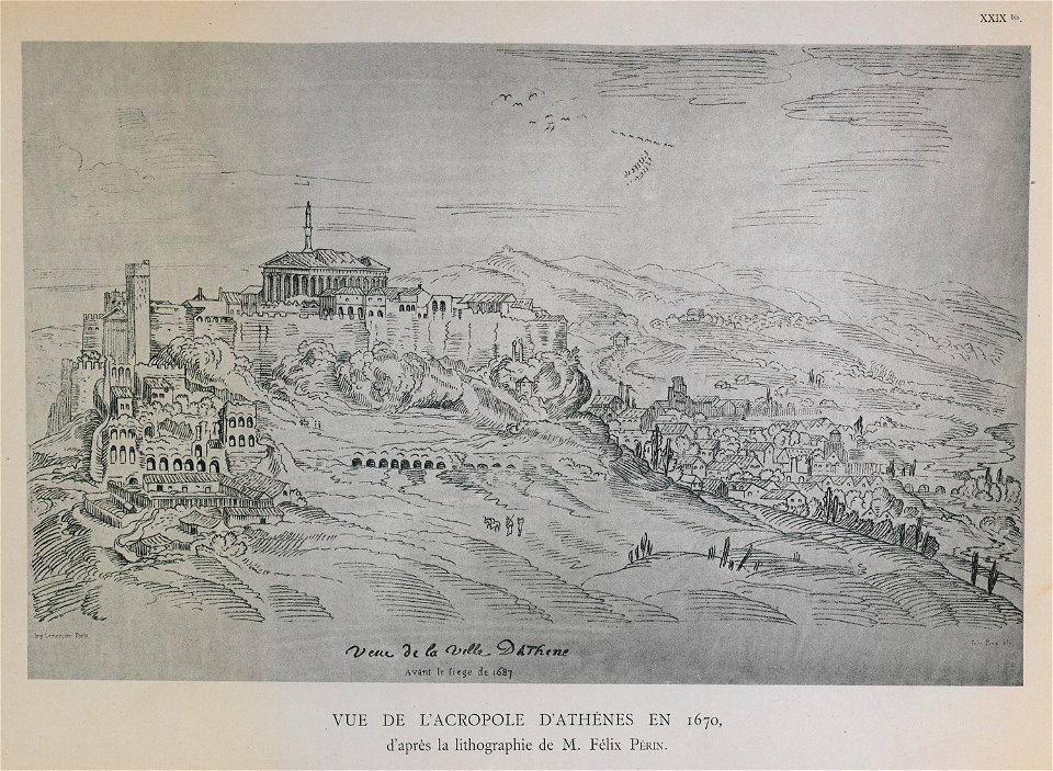 Vue de l'Acropole d'Athènes en 1670 Dessin d'après la lithographie de M Felix Périn - Omont Henri Auguste - 1898