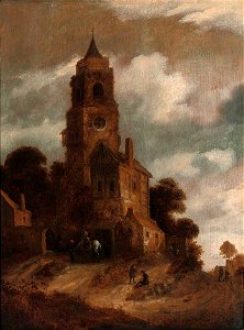 Roelof Jansz. van Vries - Een landschap met figuren rusten in voorzijde van een kerk