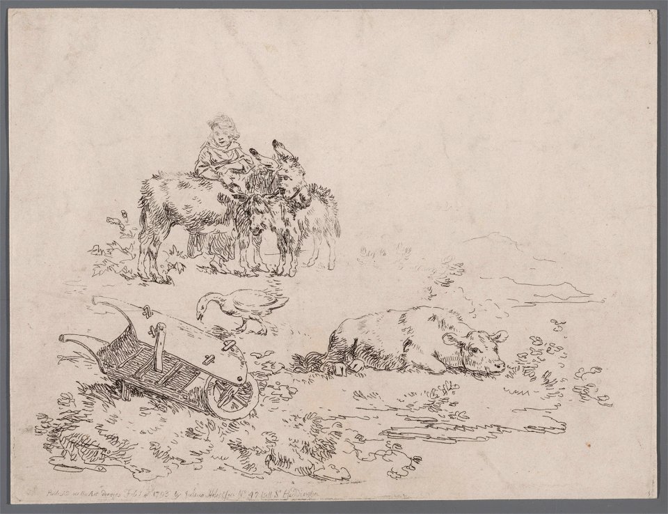 Vrouw met ezel en jong, een koe en een gans, objectnr A 14195
