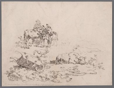 Vrouw met ezel en jong, een koe en een gans, objectnr A 14195