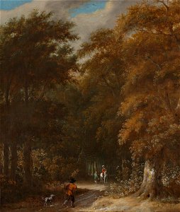 Roelof Jansz. van Vries - A forest landscape with a traveller and a rider on a white horse. Free illustration for personal and commercial use.