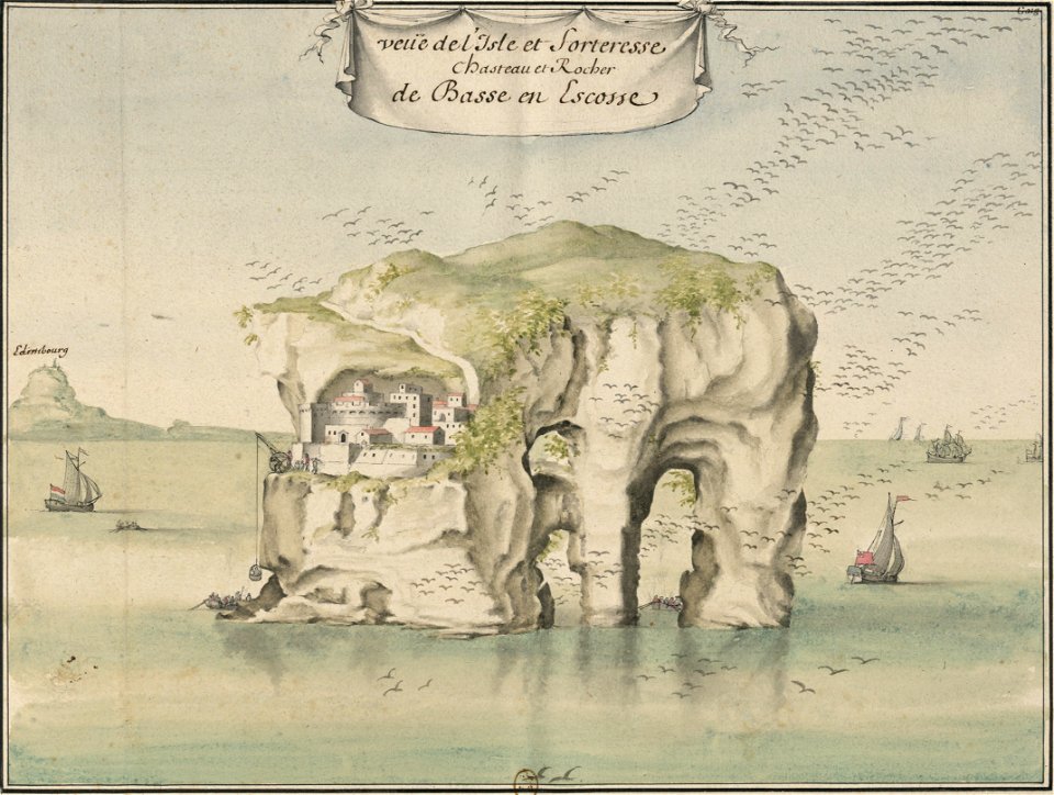 Vue de l'île et forteresse de Bass Rock en Écosse (cropped)