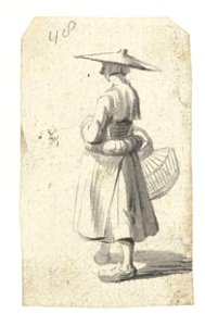 Vrouw met strohoed en een mand voor gevogelte, van achteren. Free illustration for personal and commercial use.