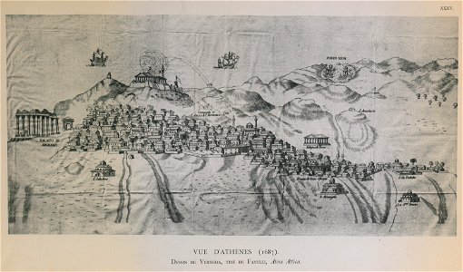 Vue d'Athènes (1687) Dessin de Verneda, tiré de Fanelli, Atene Attica - Omont Henri Auguste - 1898