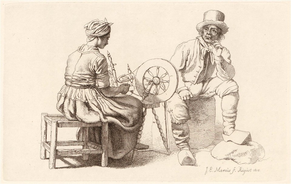 Vrouw bij spinnewiel met toeziende man, objectnr A 12615