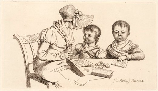 Vrouw met jongen en meisje aan een tafel, objectnr A 12574