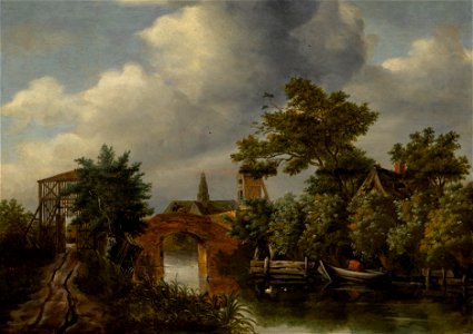 Roelof Jansz. van Vries - A river landscape with a wooden gate, a bridge, a nearby village, a boat, and figures