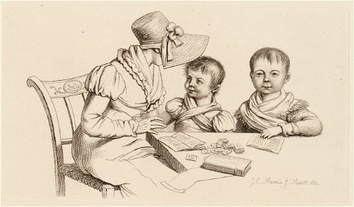 Vrouw met jongen en meisje aan een tafel, objectnr A 12645