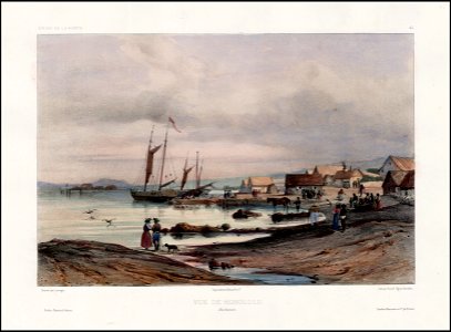 Vue de Honolulu. lles Sandwich, c. 1836, color print. Free illustration for personal and commercial use.