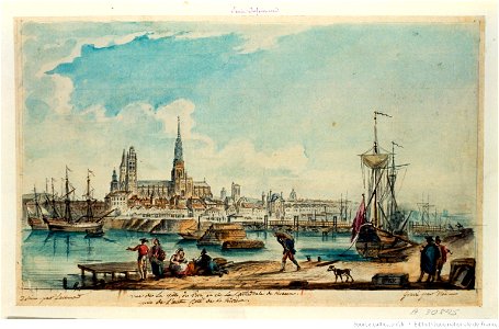 Vue de la ville, du port et de la cathédrale de Rouen prise de l'autre côté de la rivière