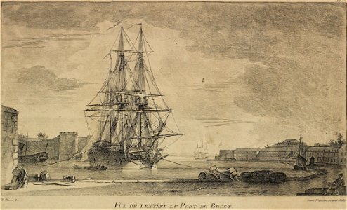 Vue de l'entrée du port de Brest avec un vaisseau de guerre au XVIIIème siècle