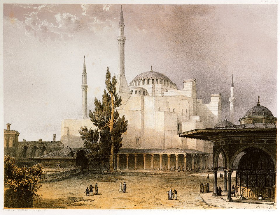Vue extérieure de la mosquée, prise de la cour de chadirvan - Fossati Gaspard - 1852