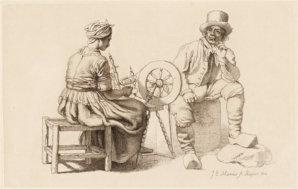 Vrouw bij spinnewiel met toeziende man, objectnr A 12663