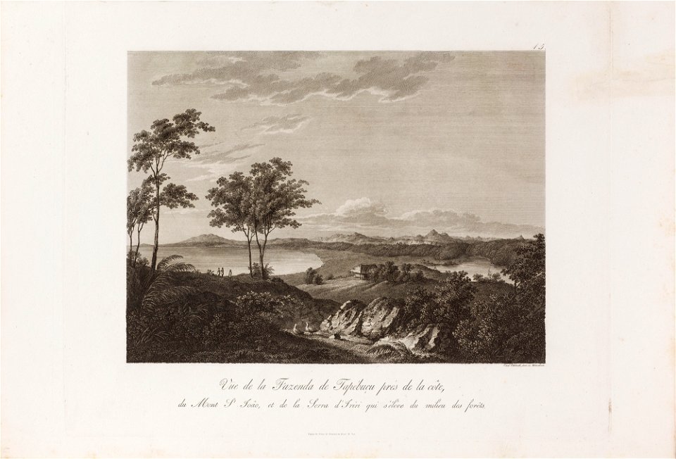 Vue de la Fazenda de Tapébuçu près de la côte, du Mont St. Joâo, et de la Serra de Iriri qui s´èlève du millieu des forêts, da Coleção Brasiliana Iconográfica