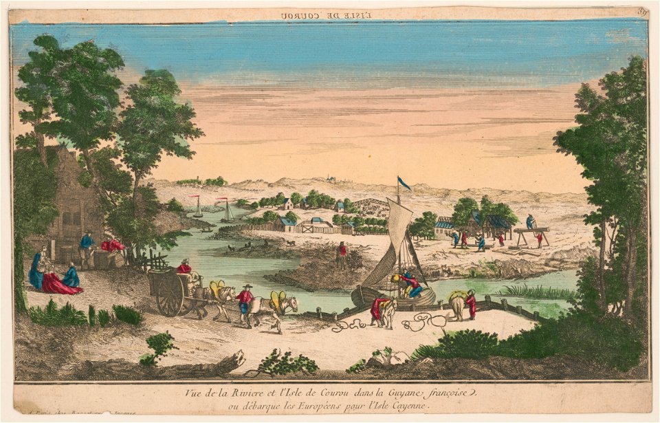 Vue de la Riviere et l'Isle de Courou dans la Guyane francoise, ou deb́arque les Européens pour l'Isle Cayenne LCCN2004669472