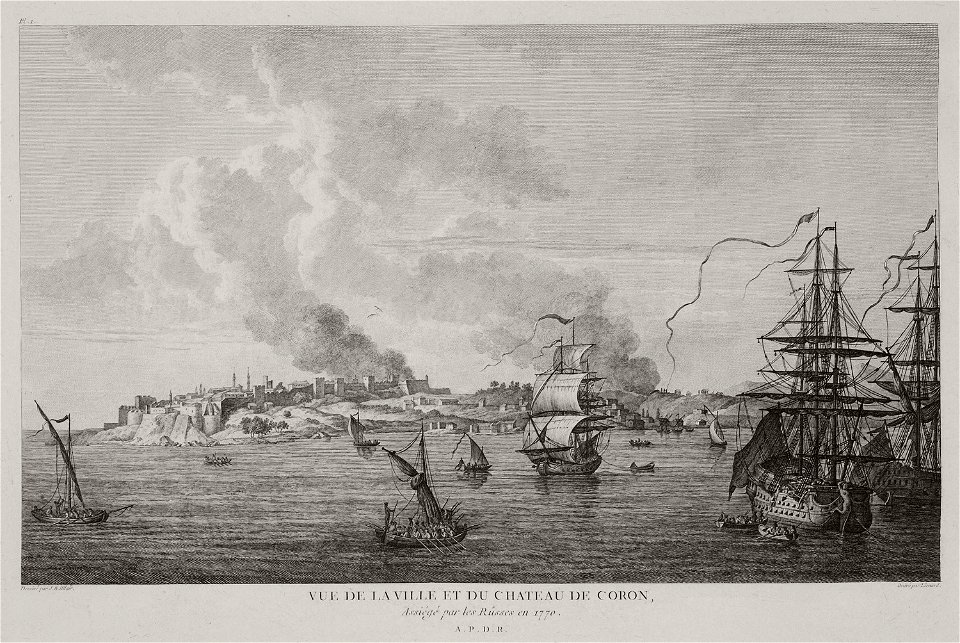 Vue de la ville et du chateau du Coron Assiegé par les Russes en 1770 - Choiseul-gouffier Gabriel Florent Auguste De - 1782