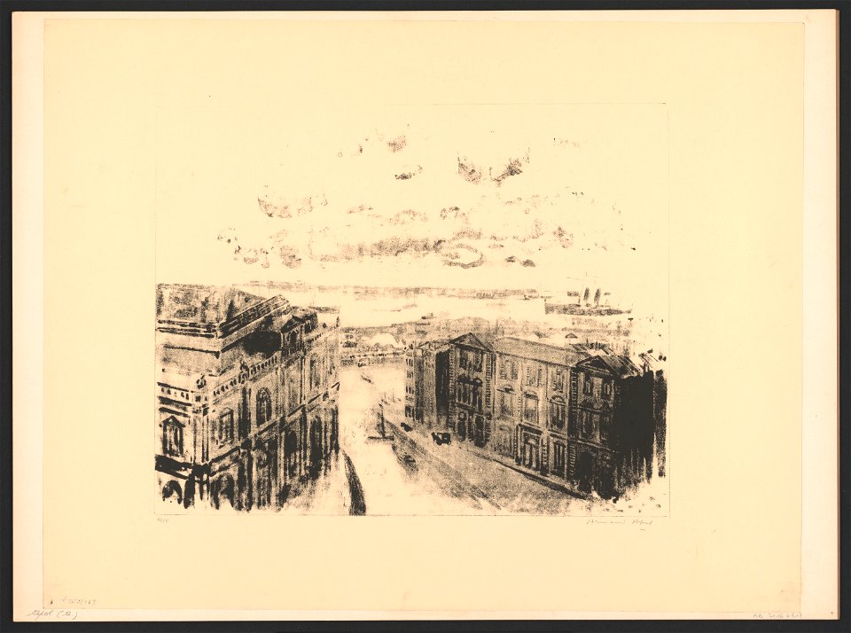 Vue de ville portuaire avec canal et bassin, bras de mer en arrière, print by Armand Apol (1879-1950), Belgium, (1914), Prints Department of the Royal Library of Belgium, S.IV 25468