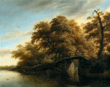 Roelof Jansz. van Vries - A river landscape with a fisherman on a bridge. Free illustration for personal and commercial use.