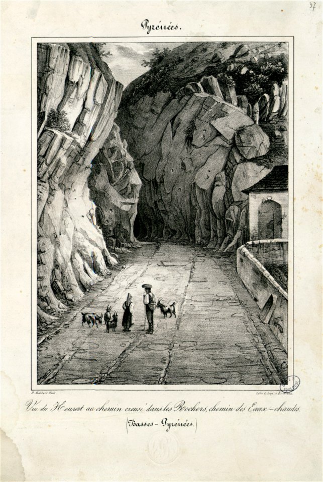 Vue du Hourat au chemin creusé dans les Rochers, chemin des Eaux-chaudes (Basses Pyrénées) - Fonds Ancely - B315556101 A GELIBERT 1 037