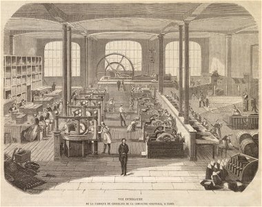 Vue intérieure de la fabrique de chocolats de la compagnie coloniale, à Paris. Free illustration for personal and commercial use.