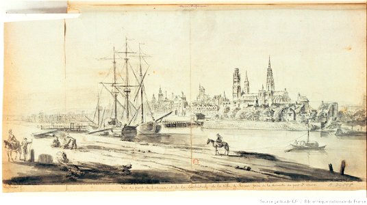 Vue du pont de bateaux et de la cathédrale de la ville de Rouen prise de la descente du port Saint-Ouen