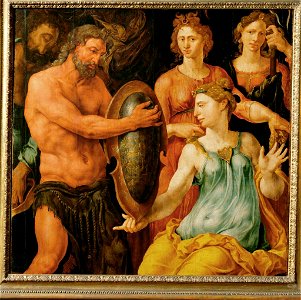 Vulcan hands Thetis the shield for Achilles1536 By Maerten van Heemskerck born 1498. Free illustration for personal and commercial use.