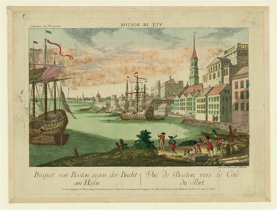 Vuë de Boston. Prospect von Boston gegen der Bucht am Hasen Vuë de Boston vers le Cale du Port - - gravé par Francois Xav. Habermann. LCCN96522959