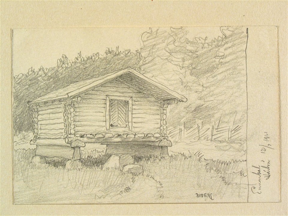 Värmland, Älvdals hd., Norra Ny sn. Härbre i Ennarbol. Teckning av Ferdinand Boberg - Nordiska museet - NMA.0088501
