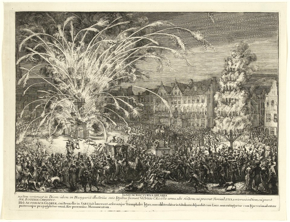 Vuurwerk bij de intocht van Leopold I in Brussel, 1686, Romeyn de Hooghe, 1686 - 1687