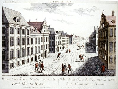 Vuë de Boston. Prospect der Könnig Strasse gegen das land thor zu Boston Vuë de la Rue du Roi vers la porte de la campagne a Boston - - gravé par Francois Xav. Habermann. LCCN2004670218