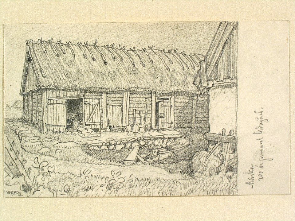 Västergötland, Vilske hd., Marka. 200 år gamma ladugård . Teckning av Ferdinand Boberg - Nordiska museet - NMA.0088576