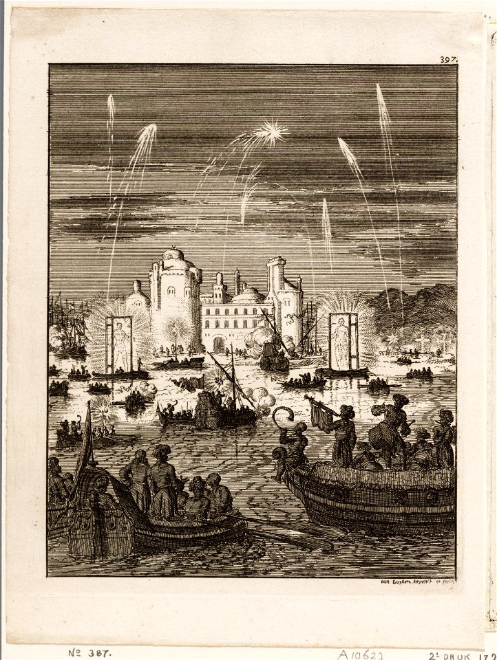 Vuurwerk en gondelvaart bij het doorsteken van de Nijldijk te Caïro, objectnr A 19627