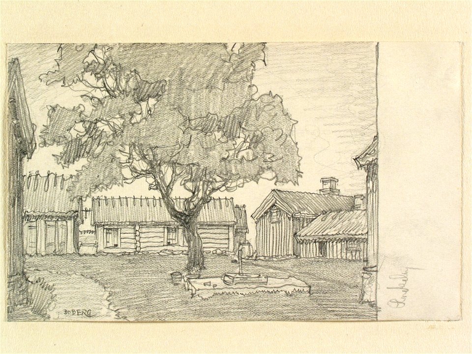 Västergötland, Kållands hd., Rackeby, Stora brunnsgården. Teckning av Ferdinand Boberg - Nordiska museet - NMA.0088580