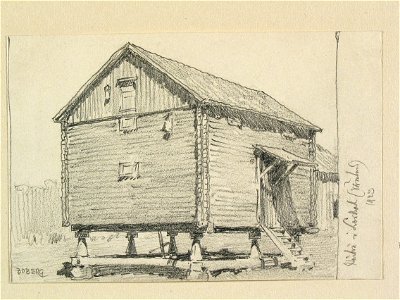 Värmland, Jösse hd., Brunskogs sn. Härbre i Lerhol. Teckning av Ferdinand Boberg - Nordiska museet - NMA.0088484