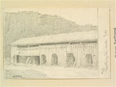 Värmland, Älvdals hd., Dalby sn., Hole, Transtrandsgården. Svalbod. Teckning av Ferdinand Boberg - Nordiska museet - NMA.0088485