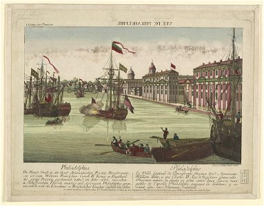 Vuë de Philadelphie. Philadelphia - die haupt stadt in der Nord-Americanishcen provinz Pensylvanien, sie ist vom William Penn (dem Caroll II König in Engelland, ... Philadelphie - la ville LCCN96504512