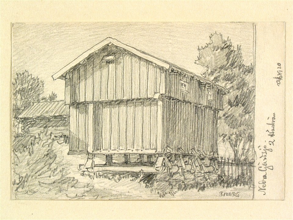 Värmland, Gillbergs hd., Gillberga sn., Nedre Gärdsjö. Två härbren. Teckning av Ferdinand Boberg - Nordiska museet - NMA.0088489