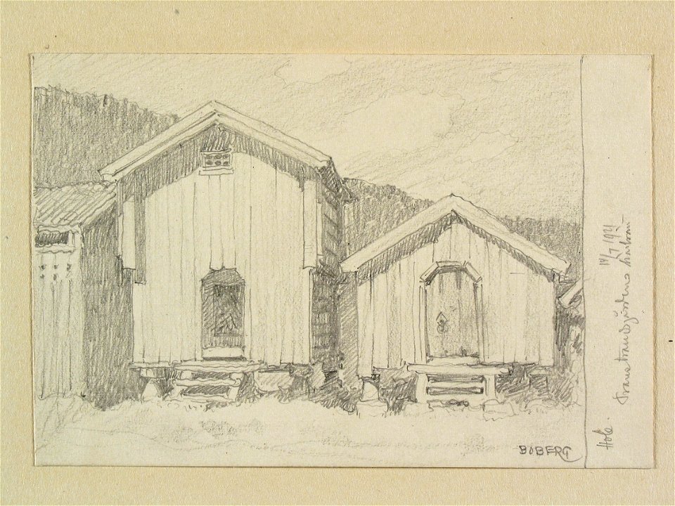 Värmland, Elfdals hd., Dalby sn., Hole. Härbren på Transtrandsgården. Teckning av Ferdinand Boberg - Nordiska museet - NMA.0088486