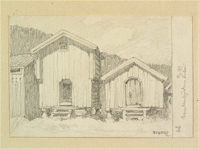 Värmland, Elfdals hd., Dalby sn., Hole. Härbren på Transtrandsgården. Teckning av Ferdinand Boberg - Nordiska museet - NMA.0088486