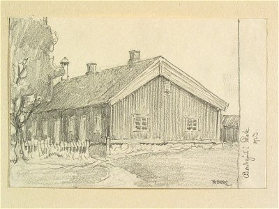 Västergötland, Vartofta hd., Velinge sn. Bondgård i Ettak . Teckning av Ferdinand Boberg - Nordiska museet - NMA.0088593